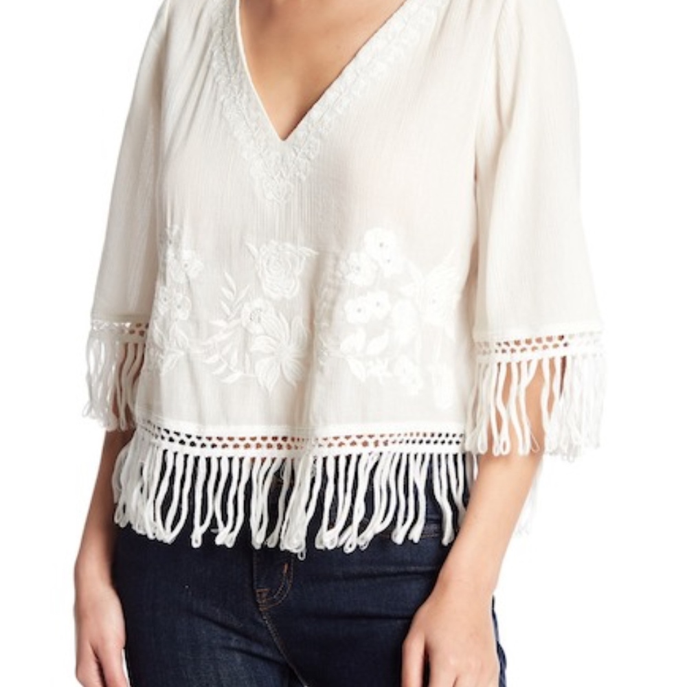 Embroidered Fringe V-Neck Top